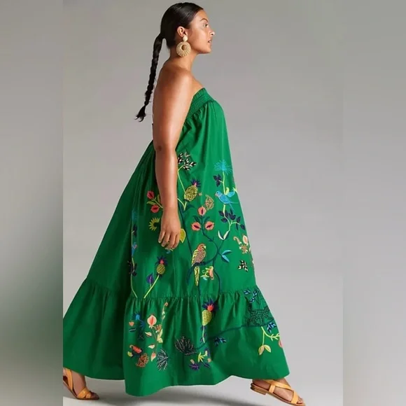 Anthropologie Embroidered Floral Green Strapless Ruffled Maxi Dress Size Medium - Picture 11 of 11